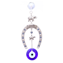 GLASS EVIL EYE AND METAL WALL HANGING (ELEPHANTS AND HORSESHOE)